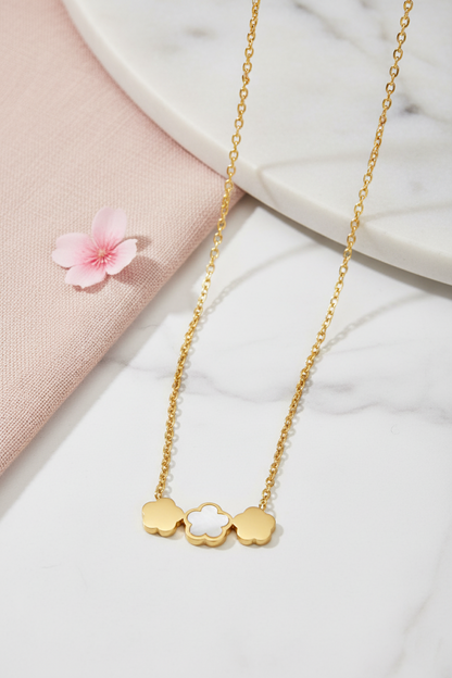 Stainless Steel Triple Cloud Pendant Necklace – Gold Tone