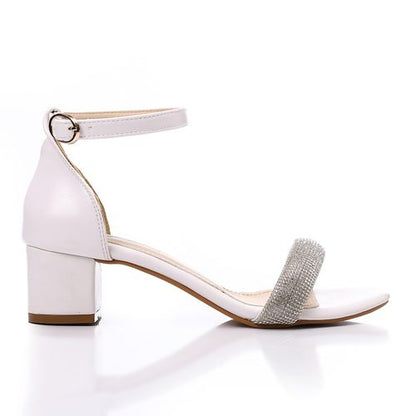 Faux Leather Diamante Ankle Strap Sandals - White