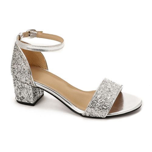 Faux Leather Ankle Strap Block Heel Sandals – Silver