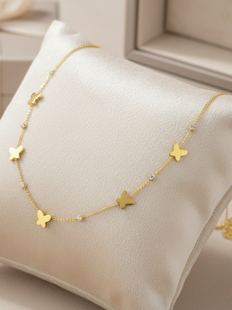 Stainless Steel Butterfly & Crystal Charm Necklace – Gold
