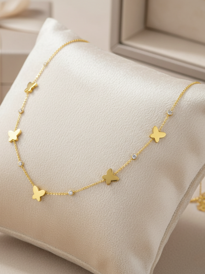 Stainless Steel Butterfly & Crystal Charm Necklace – Gold