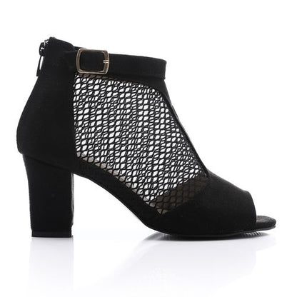 Suede and Mesh Peep-Toe Bootie Sandals - Black
