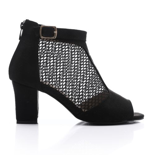 Suede and Mesh Peep-Toe Bootie Sandals - Black