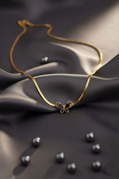 Stainless Steel Snake Chain Black Butterfly Necklace – Gold