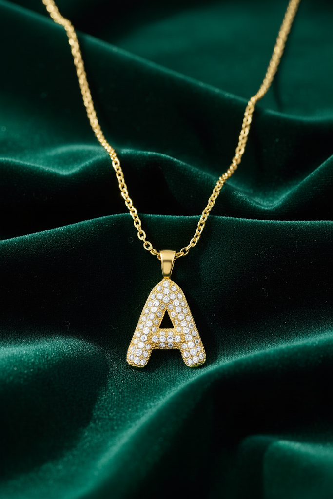 Stainless Steel Crystal Letter A Pendant Necklace – Gold