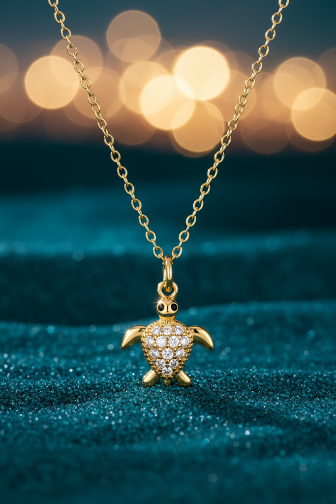 Stainless Steel Crystal Turtle Pendant Necklace – Gold