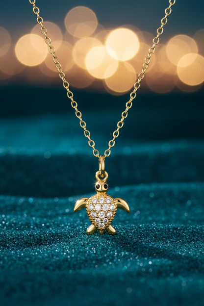 Stainless Steel Crystal Turtle Pendant Necklace – Gold