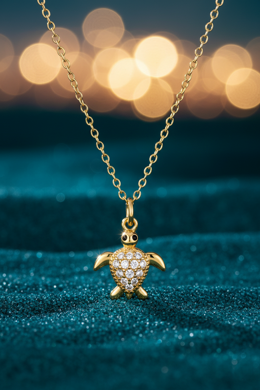 Stainless Steel Crystal Turtle Pendant Necklace – Gold