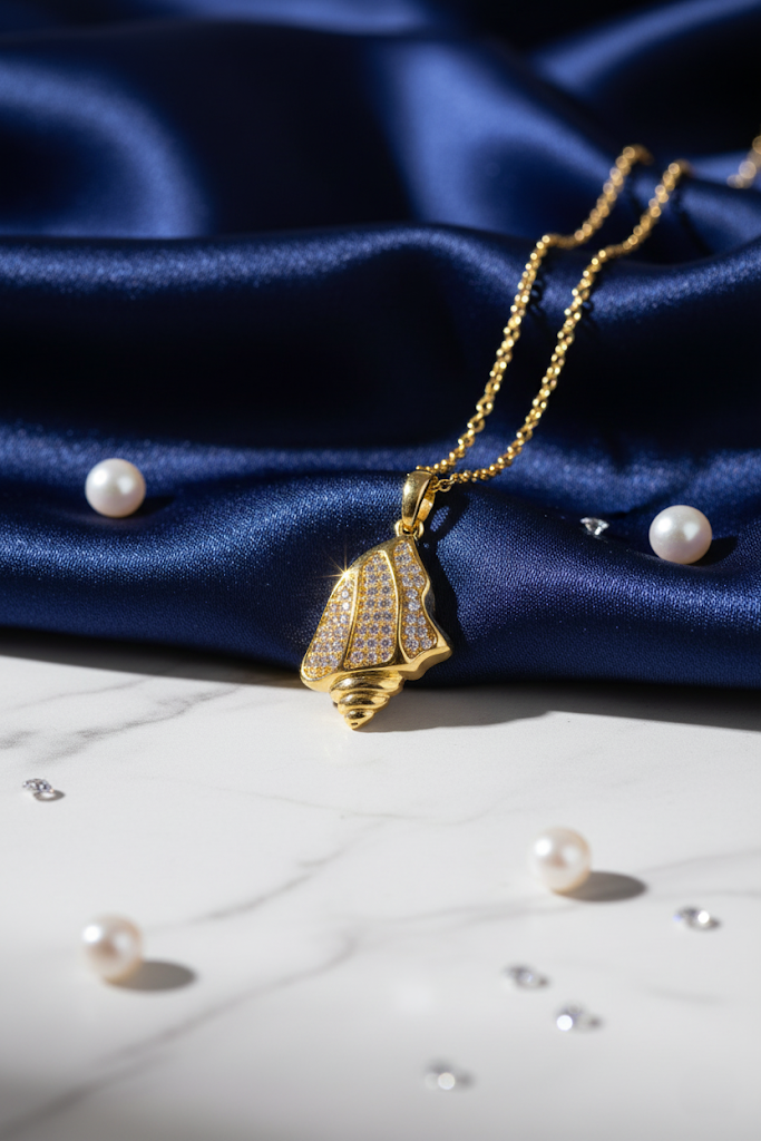 Stainless Steel Crystal Pavé Seashell Pendant Necklace – Gold