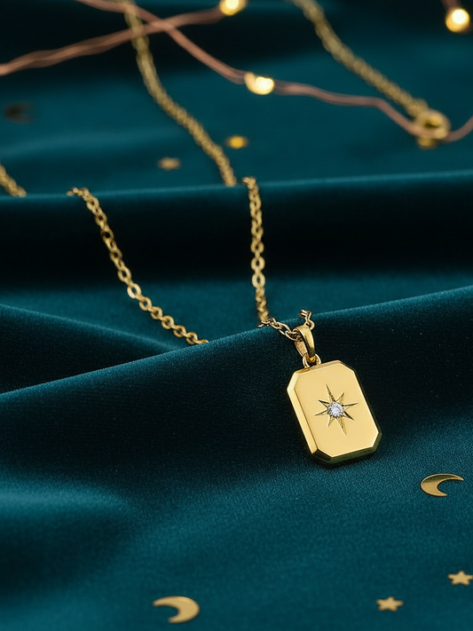 Stainless Steel Rectangular Star Crystal Pendant Necklace – Gold