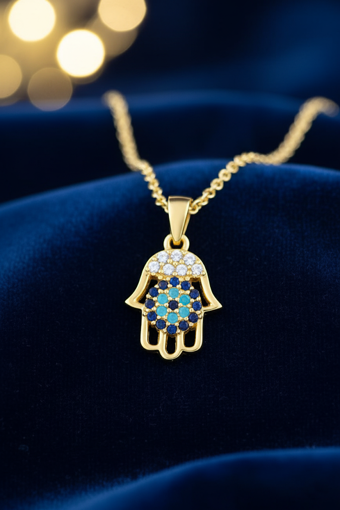 Stainless Steel Crystal Hamsa Hand Pendant Necklace – Gold