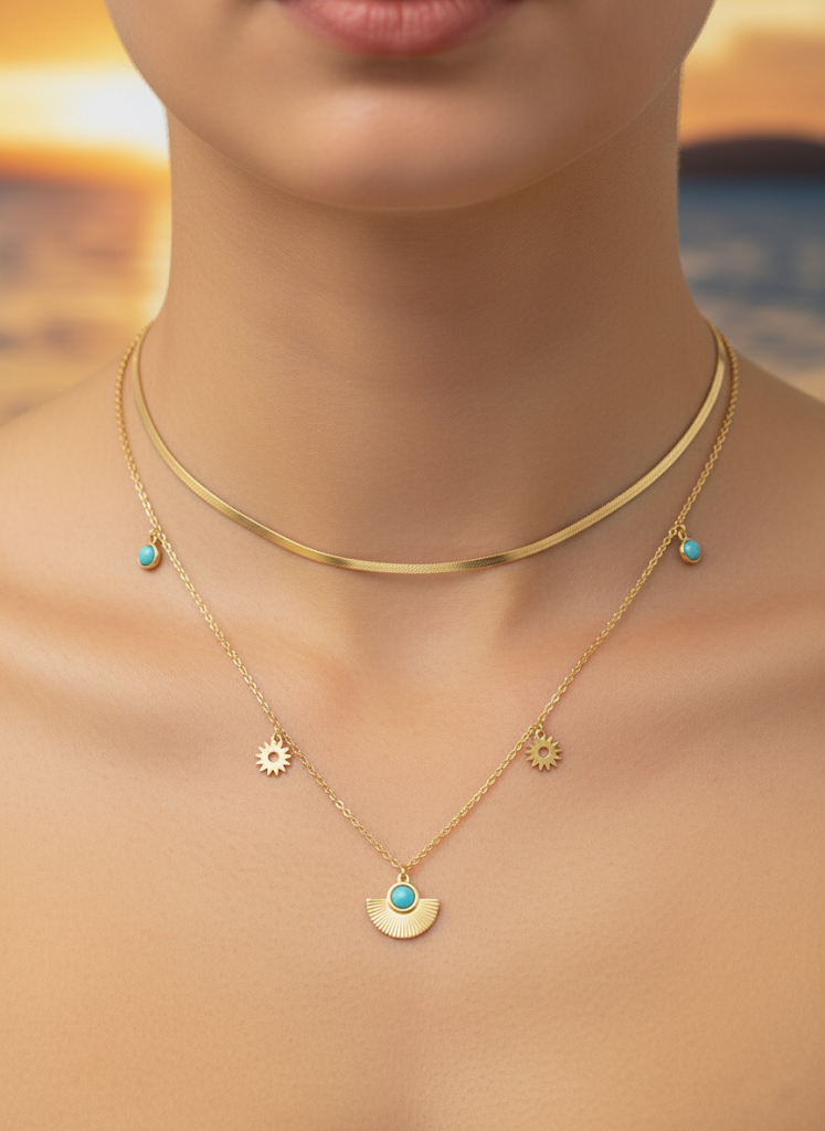 Stainless Steel Double Layer Turquoise Pendant Necklace – Gold