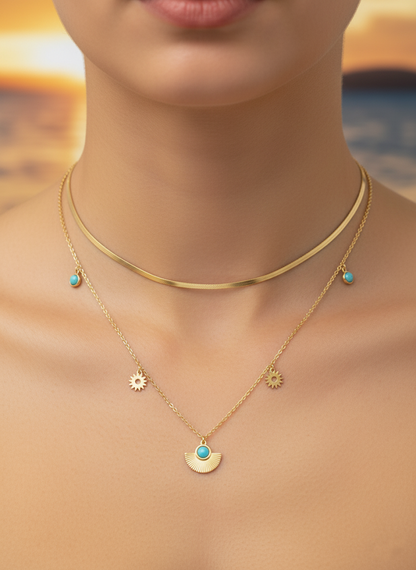 Stainless Steel Double Layer Turquoise Pendant Necklace – Gold