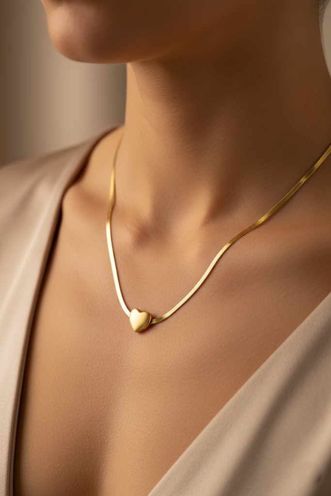 Stainless Steel Snake Chain Necklace with Matte Heart Pendant – Gold