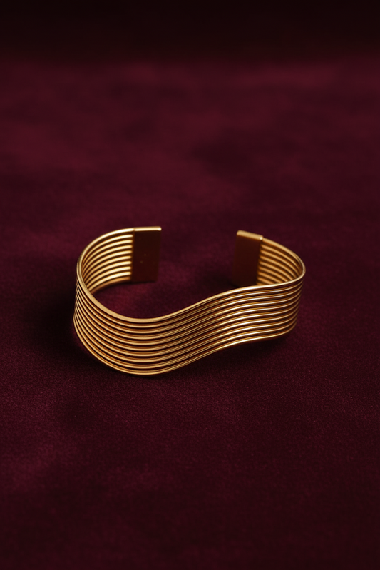 Stainless Steel Wavy Multi-Strand Cuff Bracelet - Gold