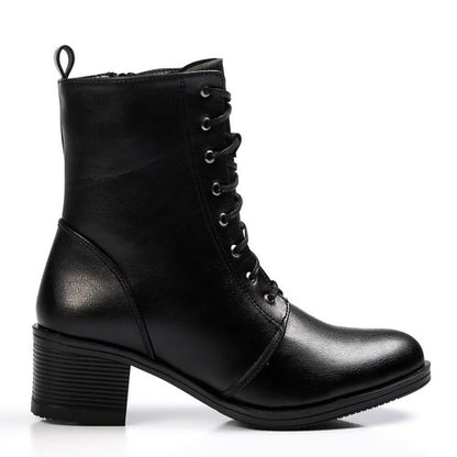 Faux Leather Lace-Up Block Heel Boots – Black