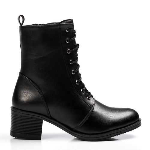 Faux Leather Lace-Up Block Heel Boots – Black