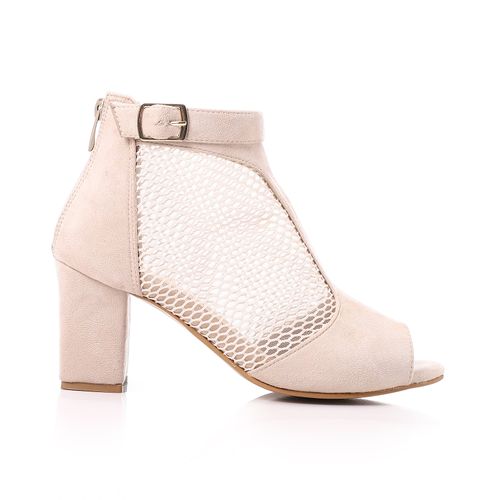 Suede and Mesh Peep-Toe Bootie Sandals - Beige