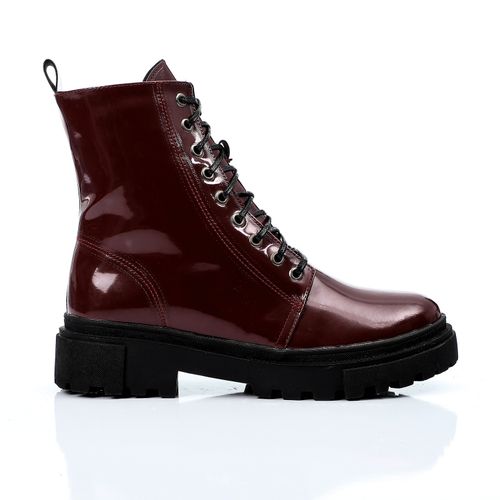 Patent Faux Leather Chunky Combat Boots – Burgundy
