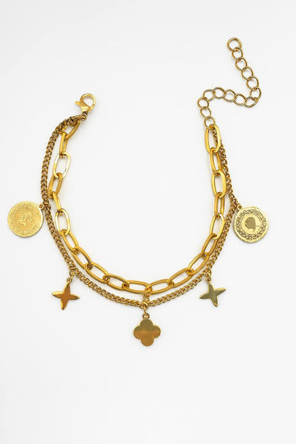 Stainless Steel Double Layer Star & Coin Charm Bracelet – Gold