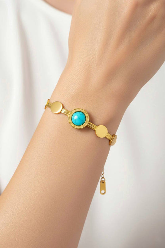 Stainless Steel Turquoise Stone Watch Charm Bracelet – Gold