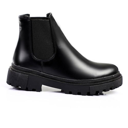 Faux Leather Plain Ankle Boots - Black