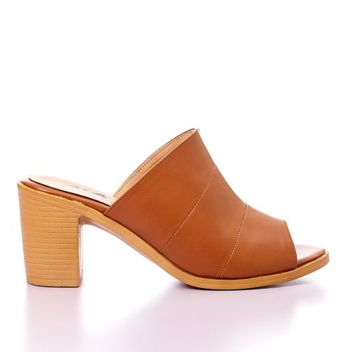 Faux Leather Block Heel Slippers – Tan