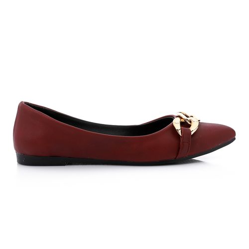 Faux Leather Chain Detail Ballerina - Burgundy
