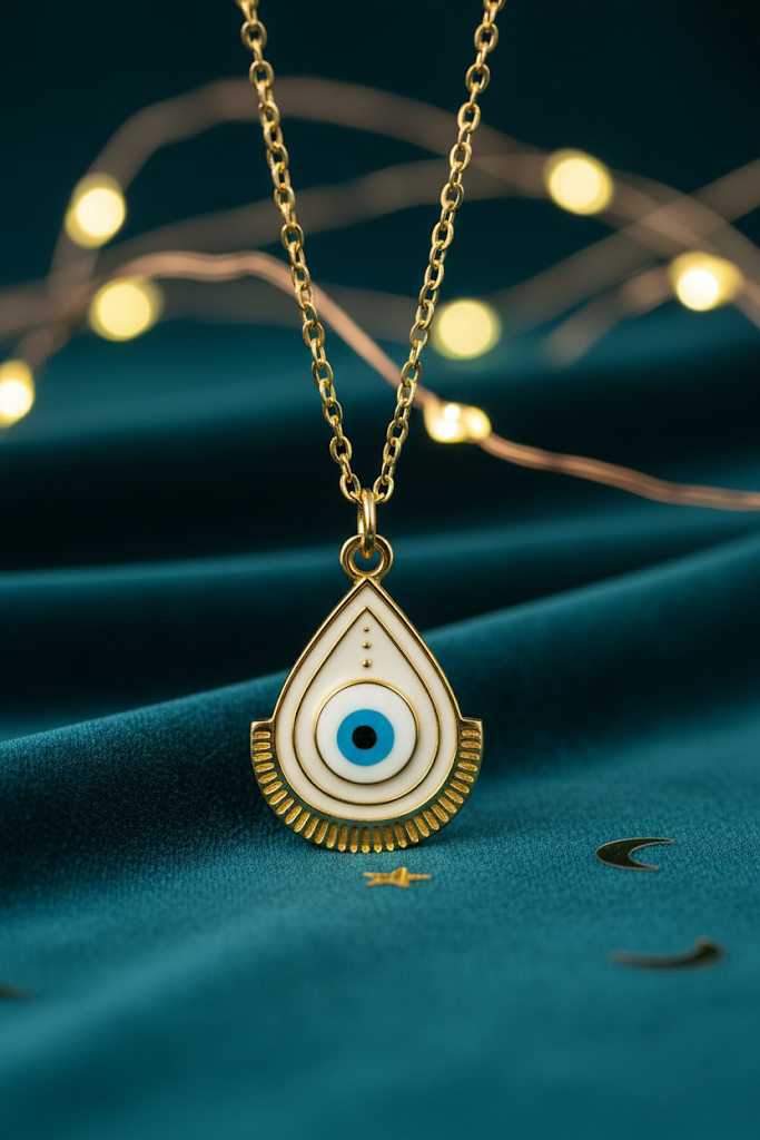 Stainless Steel Evil Eye Teardrop Pendant Necklace – Gold
