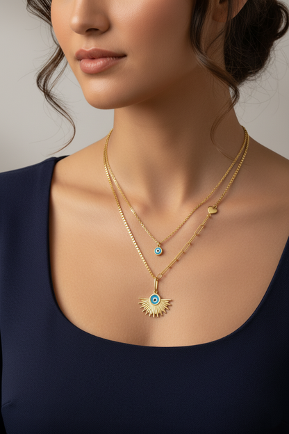 Stainless Steel Double Layer Blue Eye Charm Necklace – Gold