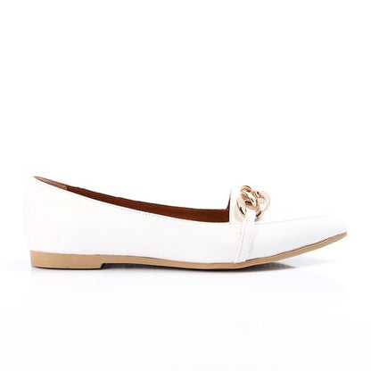 Faux Leather Chain Accent Pointed Flats – White