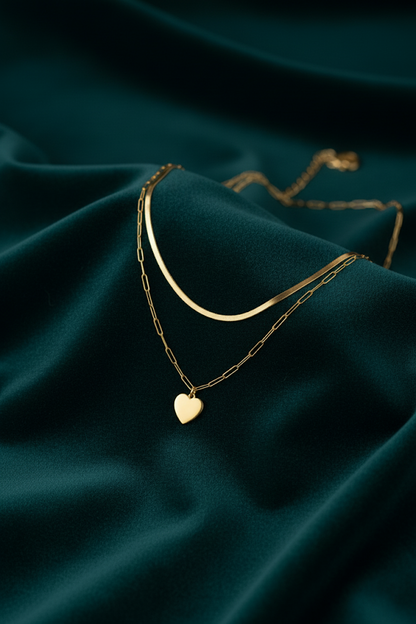 Stainless Steel Two-Layer Heart Pendant Necklace – Gold