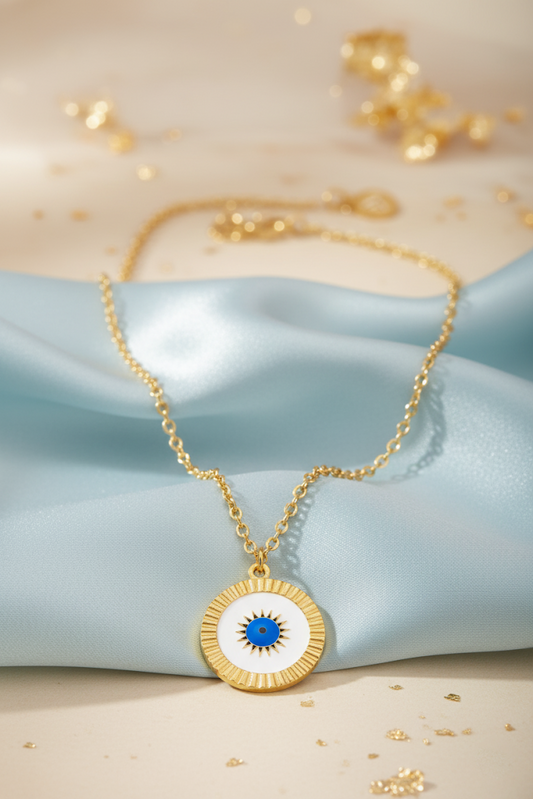 Stainless Steel White & Blue Evil Eye Pendant Necklace – Gold