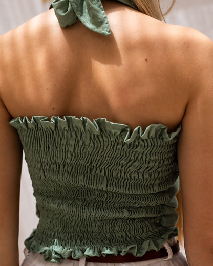 Linen Crossed-Neck Top - Military Green