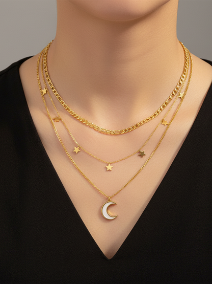 Stainless Steel Layered Moon and Stars Pendant Necklace – Gold