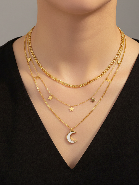 Stainless Steel Layered Moon and Stars Pendant Necklace – Gold