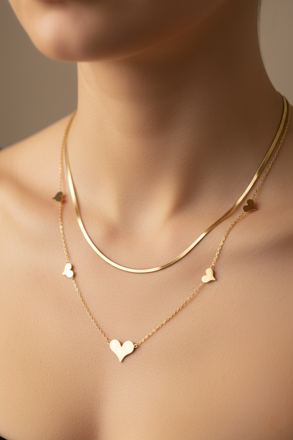 Stainless Steel Double-Layer Heart Charm Necklace – Gold