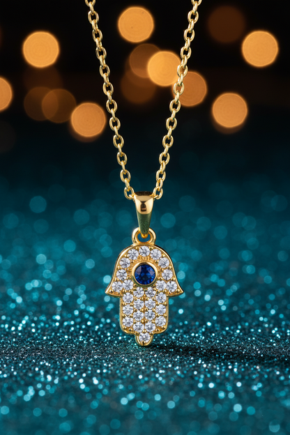 Stainless Steel Crystal Paved Hamsa Hand Pendant Necklace – Gold