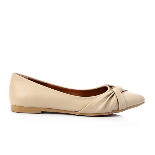 Faux Leather Flats with Bow Accent – Beige