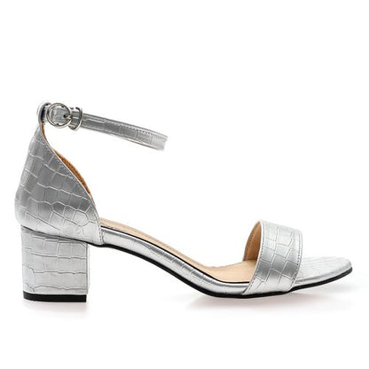 Faux Leather Ankle Strap Block Heel Sandals – Silver