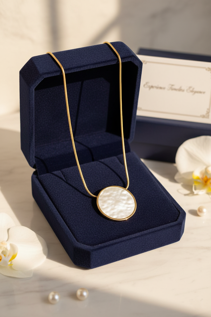 Stainless Steel Round Pendant Necklace with Shell Inlay – Gold