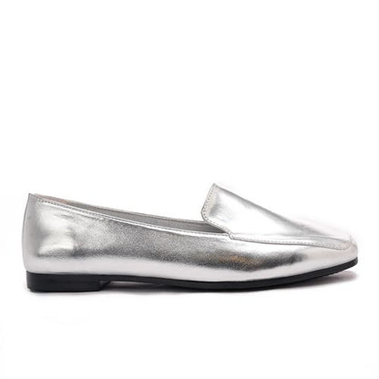 Faux Leather Metallic Slip-On Loafers – Silver