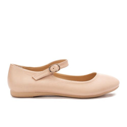 Faux Leather Mary Janes Flats - Beige