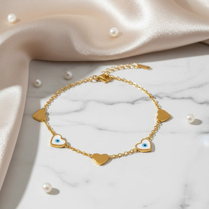Stainless Steel Hearts & Blue Evil Eye Bracelet – Gold
