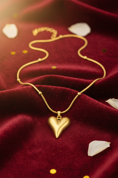 Stainless Steel Puffed Heart Pendant Necklace – Gold