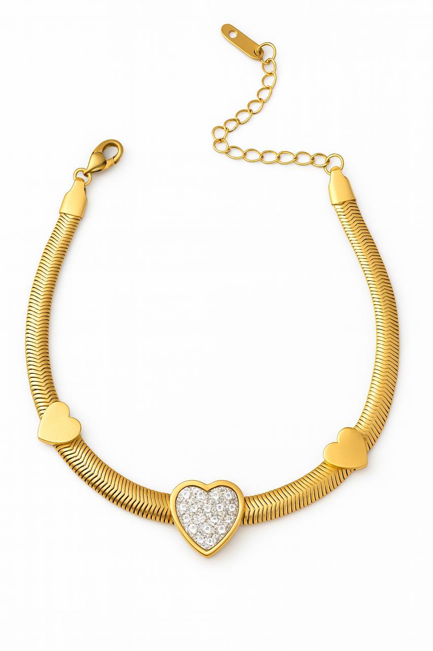 Stainless Steel Crystal Heart Bracelet – Gold