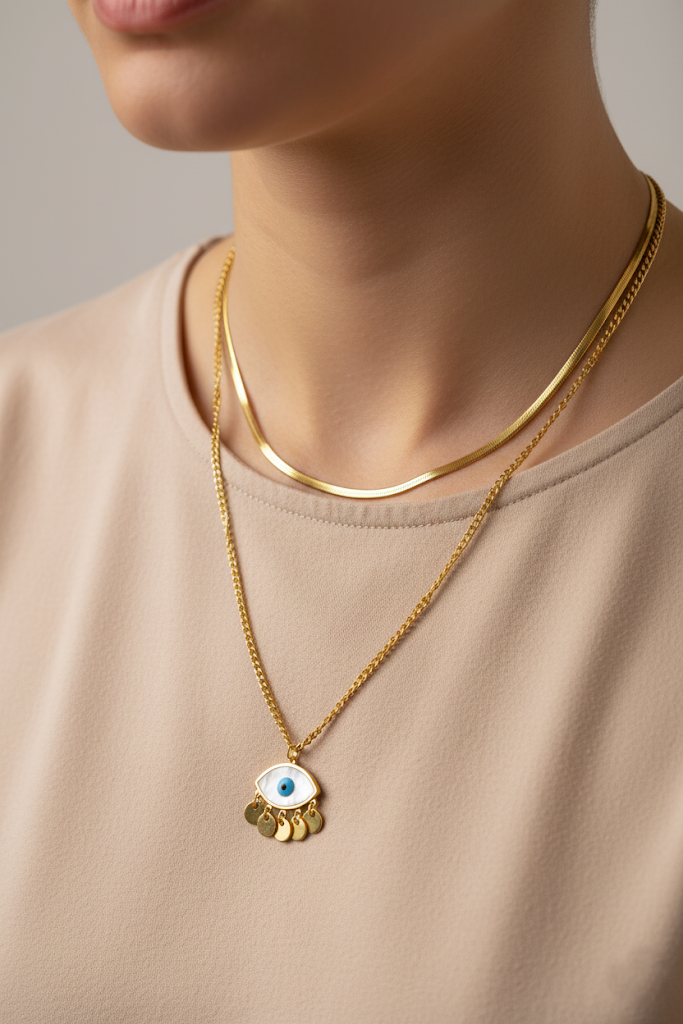 Stainless Steel Layered Evil Eye Pendant Necklace – Gold