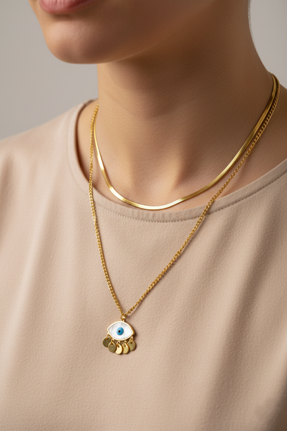 Stainless Steel Layered Evil Eye Pendant Necklace – Gold