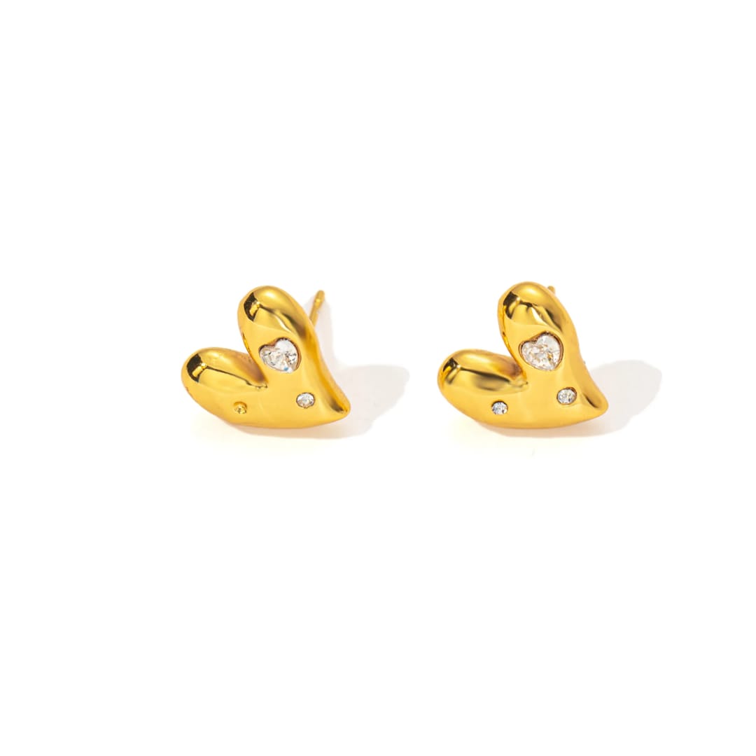 Gold-Plated Heart-Shaped Stud Earrings with Stones