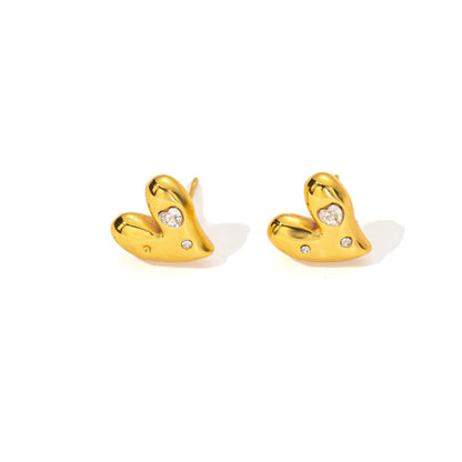 Gold-Plated Heart-Shaped Stud Earrings with Stones